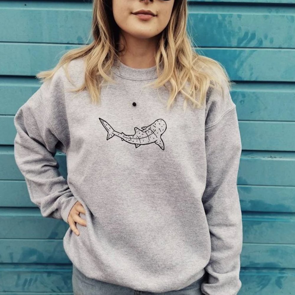 Handmade Unisex Whale Shark Embroidered Grey Sweatshirt